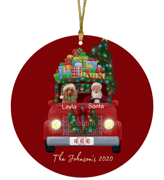 Personalized Red truck Santa with Poodle Dog Ceramic Round Flat Christmas Tree Ornament RFPOR48068