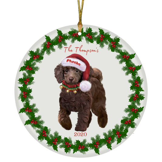 Personalized Holly Berry Trimming Poodle Dog Ceramic Round Flat Christmas Tree Ornament RFPOR48335