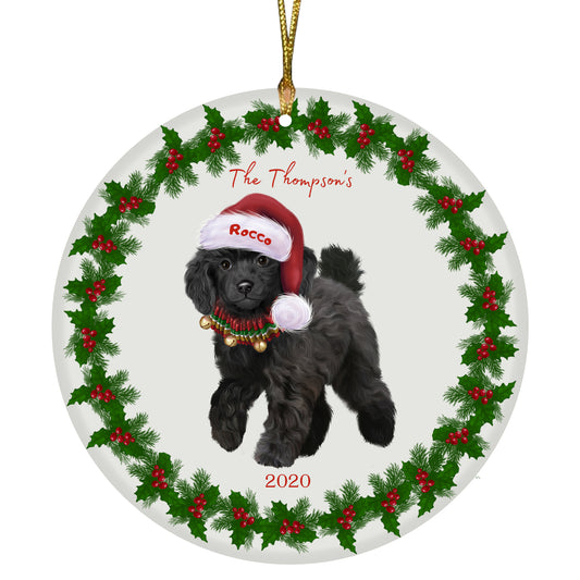 Personalized Holly Berry Trimming Poodle Dog Ceramic Round Flat Christmas Tree Ornament RFPOR48336