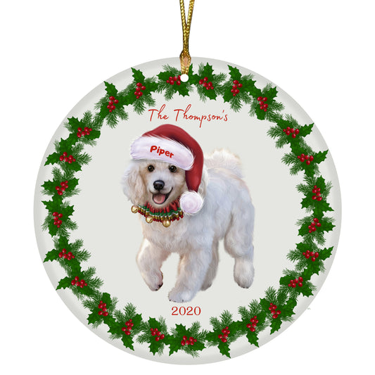Personalized Holly Berry Trimming Poodle Dog Ceramic Round Flat Christmas Tree Ornament RFPOR48337