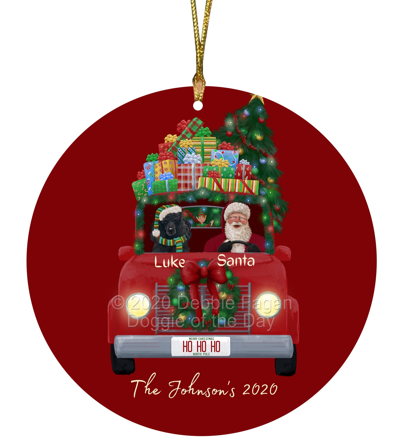 Personalized Red truck Santa with Poodle Dog Ceramic Round Flat Christmas Tree Ornament RFPOR48069