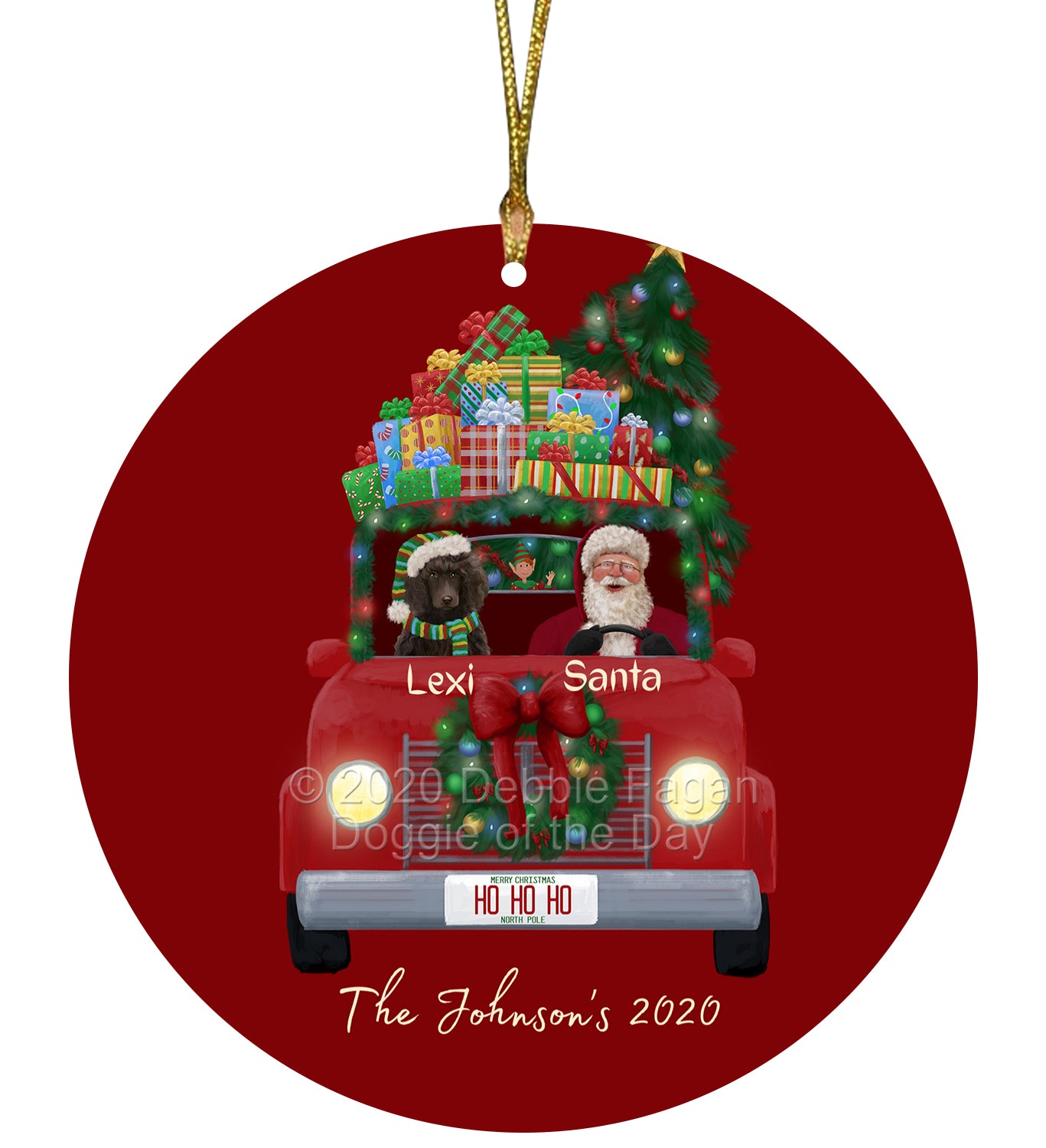 Personalized Red truck Santa with Poodle Dog Ceramic Round Flat Christmas Tree Ornament RFPOR48070