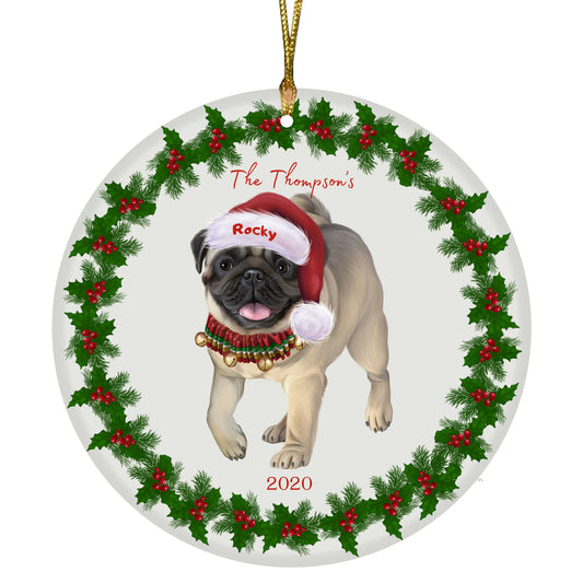 Personalized Holly Berry Trimming Pug Dog Ceramic Round Flat Christmas Tree Ornament RFPOR48338