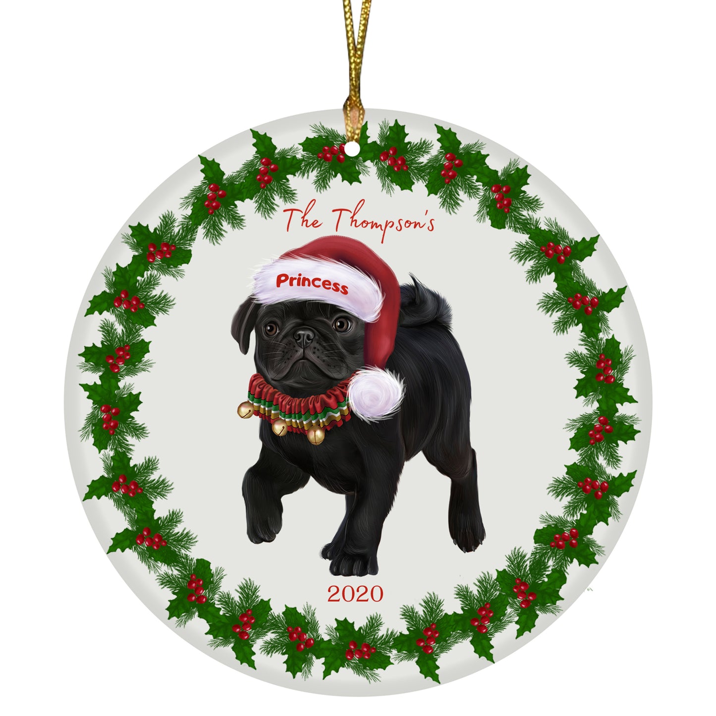 Personalized Holly Berry Trimming Pug Dog Ceramic Round Flat Christmas Tree Ornament RFPOR48339