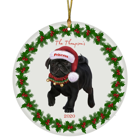 Personalized Holly Berry Trimming Pug Dog Ceramic Round Flat Christmas Tree Ornament RFPOR48339