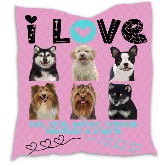 Personalized I Love Dog Cat Pets Quilt 1-6 Pets