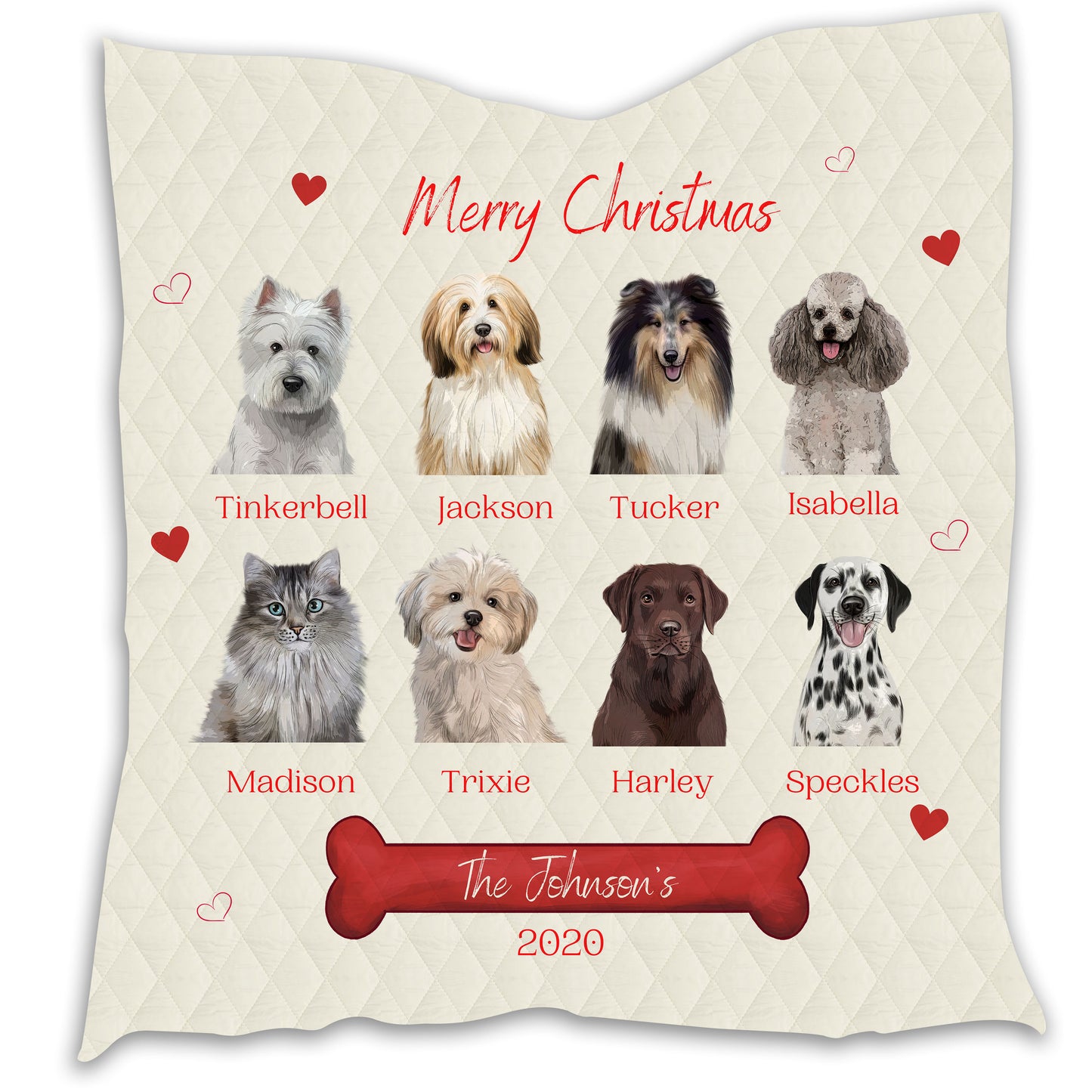 Personalized Merry Christmas Dog Cat Pets Quilt 1-8 Pets