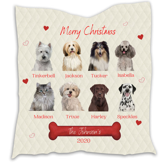 Personalized Merry Christmas Dog Cat Pets Quilt 1-8 Pets
