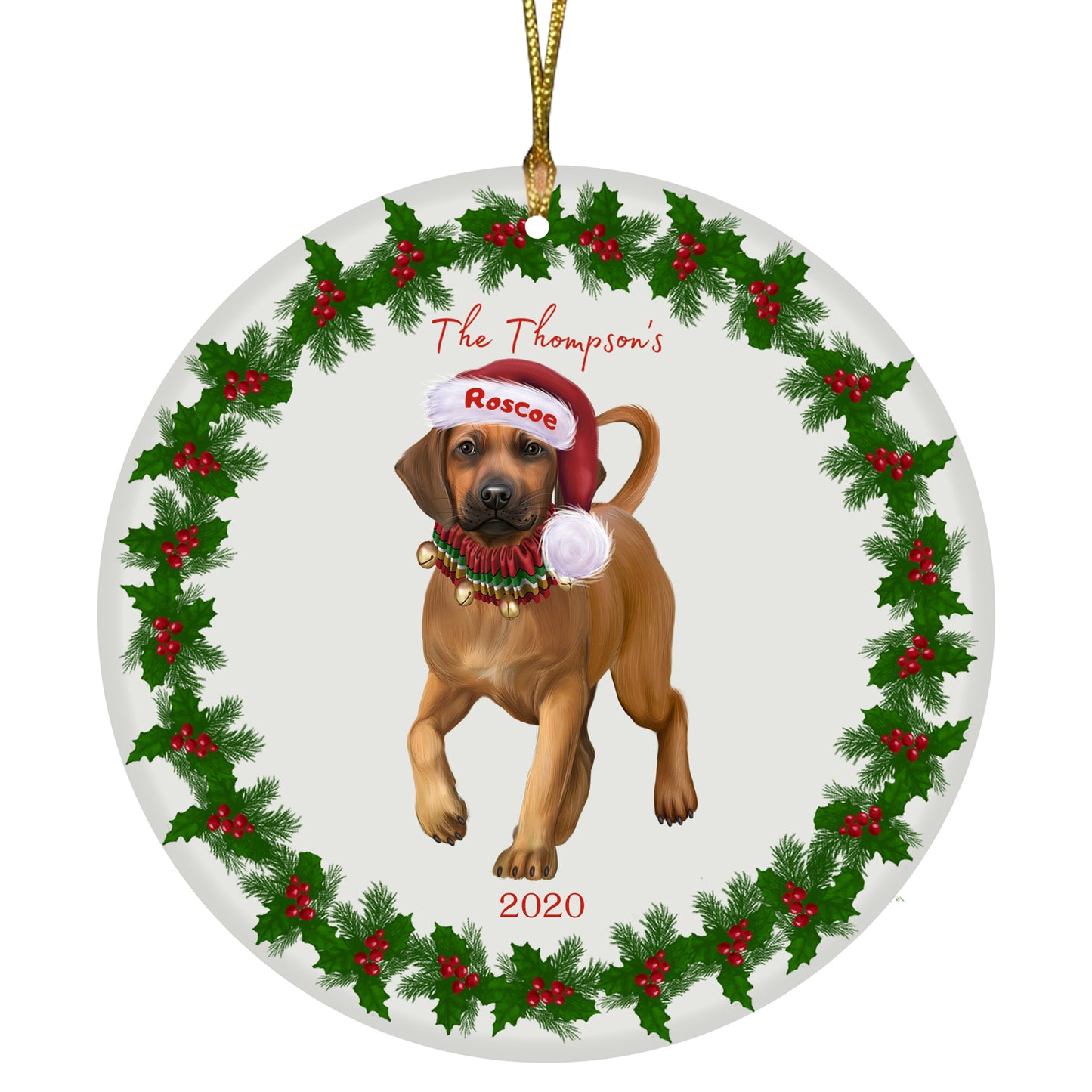 Personalized Holly Berry Trimming Rhodesian Ridgeback Dog Ceramic Round Flat Christmas Tree Ornament RFPOR48342