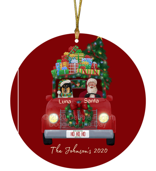 Personalized Red truck Santa with Rough Collie Dog Ceramic Round Flat Christmas Tree Ornament RFPOR48076