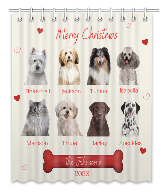 Personalized Merry Christmas Dog Cat Pets Shower Curtain 1-8 Pets