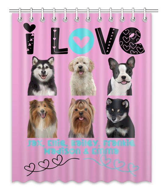 Personalized I Love Dog Cat Pets Shower Curtain 1-6 Pets