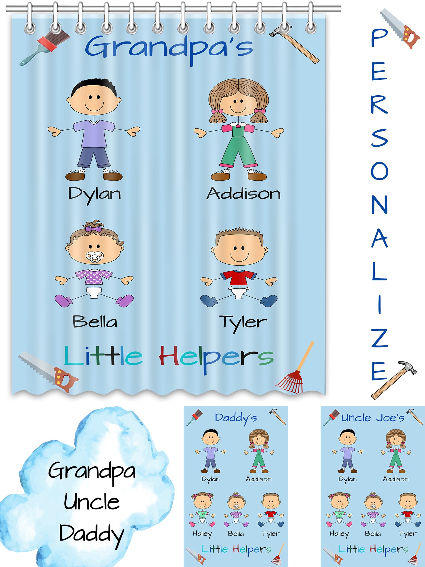 Personalized Dog Cat Pets Grandpa, Uncle, Dad, Husband or Brother's Little Helpers Shower Curtain