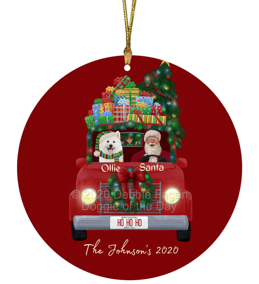 Personalized Red truck Santa with Samoyed Dog Ceramic Round Flat Christmas Tree Ornament RFPOR48078