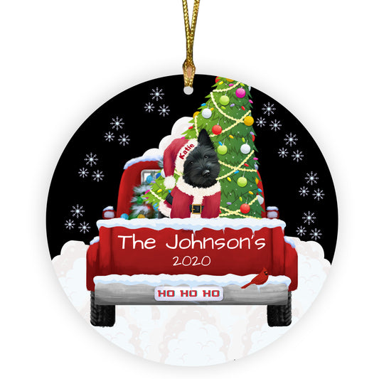 Personalized Travlin' Home for the Holidays Red Truck Scottish Terrier Dogs Ceramic Round Flat Christmas Tree Ornament RFPOR48170