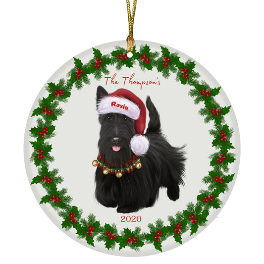 Personalized Holly Berry Trimming Scottish Terrier Dog Ceramic Round Flat Christmas Tree Ornament RFPOR48345