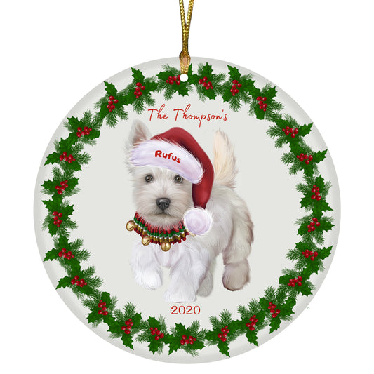 Personalized Holly Berry Trimming Scottish Terrier Dog Ceramic Round Flat Christmas Tree Ornament RFPOR48346