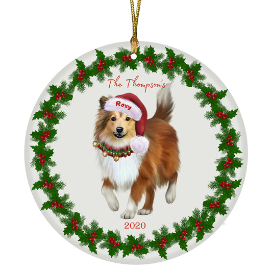 Personalized Holly Berry Trimming Shetland Sheepdog Ceramic Round Flat Christmas Tree Ornament RFPOR48347