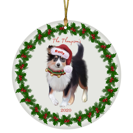 Personalized Holly Berry Trimming Shetland Sheepdog Ceramic Round Flat Christmas Tree Ornament RFPOR48348