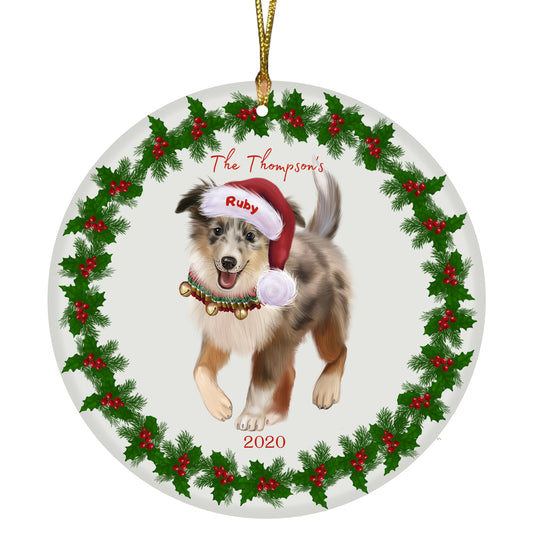 Personalized Holly Berry Trimming Shetland Sheepdog Ceramic Round Flat Christmas Tree Ornament RFPOR48349