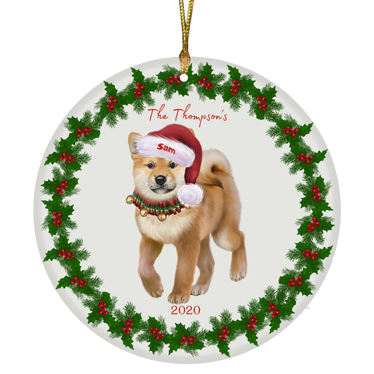 Personalized Holly Berry Trimming Shiba Inu Dog Ceramic Round Flat Christmas Tree Ornament RFPOR48350