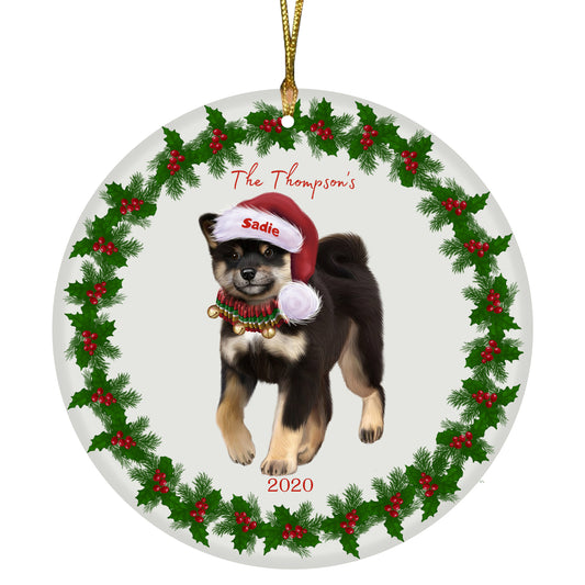 Personalized Holly Berry Trimming Shiba Inu Dog Ceramic Round Flat Christmas Tree Ornament RFPOR48351