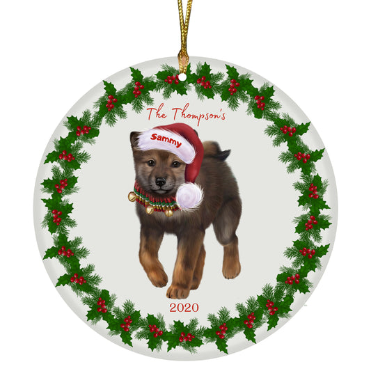 Personalized Holly Berry Trimming Shiba Inu Dog Ceramic Round Flat Christmas Tree Ornament RFPOR48352