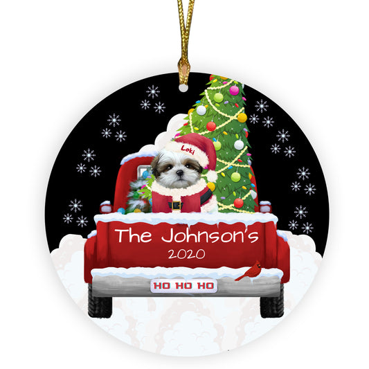 Personalized Travlin' Home for the Holidays Red Truck Shih Tzu Dogs Ceramic Round Flat Christmas Tree Ornament RFPOR48174
