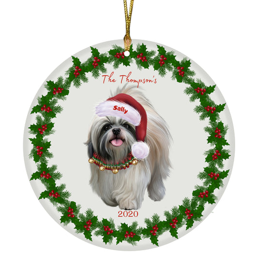 Personalized Holly Berry Trimming Shih Tzu Dog Ceramic Round Flat Christmas Tree Ornament RFPOR48353