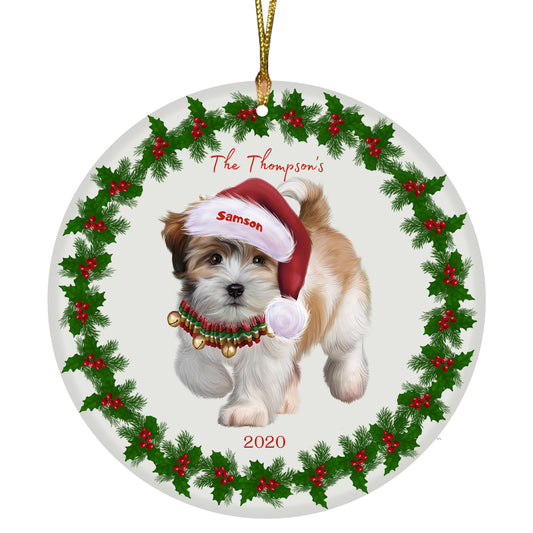 Personalized Holly Berry Trimming Shih Tzu Dog Ceramic Round Flat Christmas Tree Ornament RFPOR48354