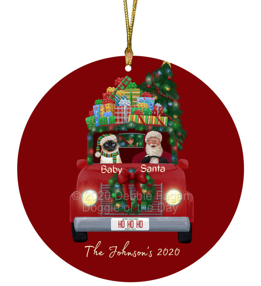 Personalized Red truck Santa with Siamese Cat Ceramic Round Flat Christmas Tree Ornament RFPOR48079