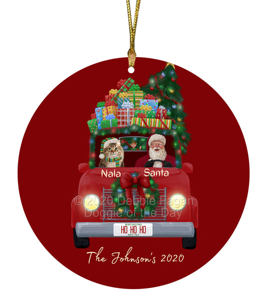Personalized Red truck Santa with Siberian Cat Ceramic Round Flat Christmas Tree Ornament RFPOR48080