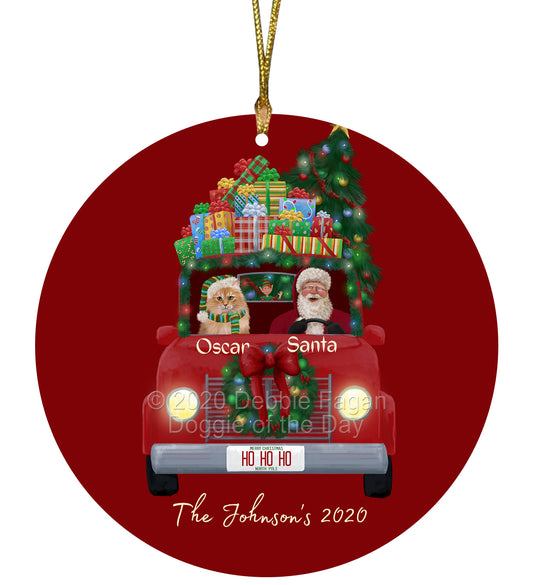 Personalized Red truck Santa with Siberian Cat Ceramic Round Flat Christmas Tree Ornament RFPOR48081