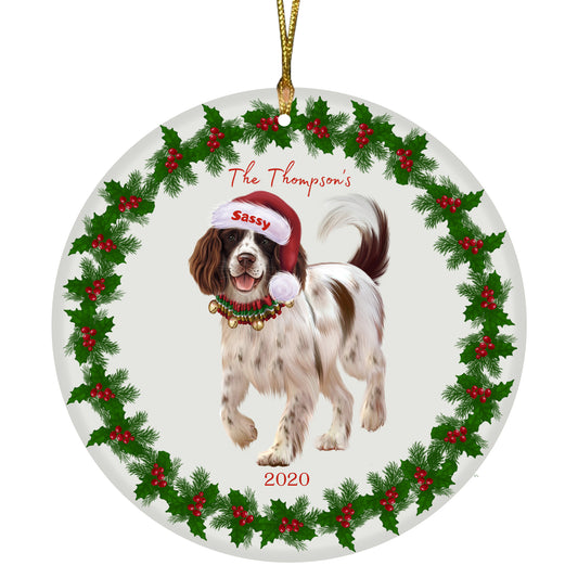 Personalized Holly Berry Trimming Springer Spaniel Dog Ceramic Round Flat Christmas Tree Ornament RFPOR48359
