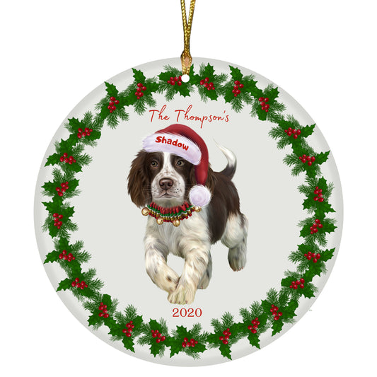 Personalized Holly Berry Trimming Springer Spaniel Dog Ceramic Round Flat Christmas Tree Ornament RFPOR48360