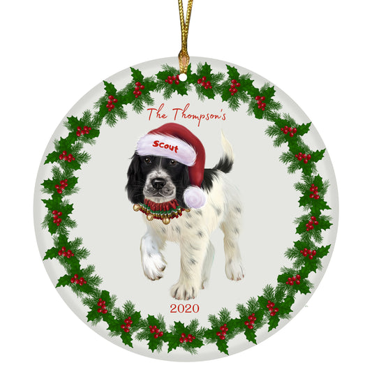 Personalized Holly Berry Trimming Springer Spaniel Dog Ceramic Round Flat Christmas Tree Ornament RFPOR48361