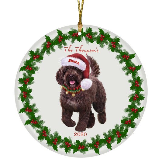 Personalized Holly Berry Trimming Spanish Water Dog Ceramic Round Flat Christmas Tree Ornament RFPOR48362