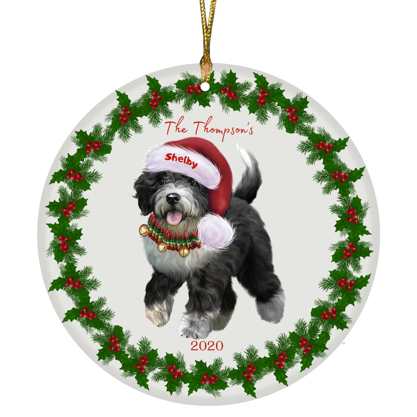 Personalized Holly Berry Trimming Spanish Water Dog Ceramic Round Flat Christmas Tree Ornament RFPOR48363