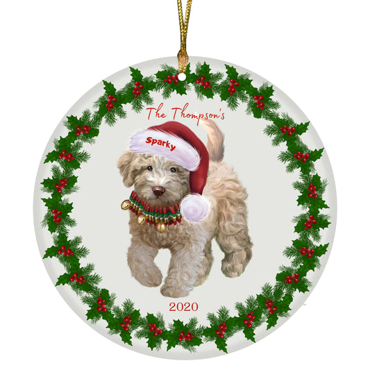 Personalized Holly Berry Trimming Spanish Water Dog Ceramic Round Flat Christmas Tree Ornament RFPOR48364