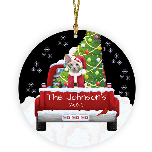 Personalized Travlin' Home for the Holidays Red Truck Sphynx Cats Ceramic Round Flat Christmas Tree Ornament RFPOR48178
