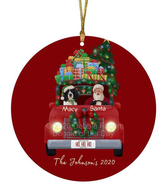Personalized Red truck Santa with Springer Spaniel Dog Ceramic Round Flat Christmas Tree Ornament RFPOR48084