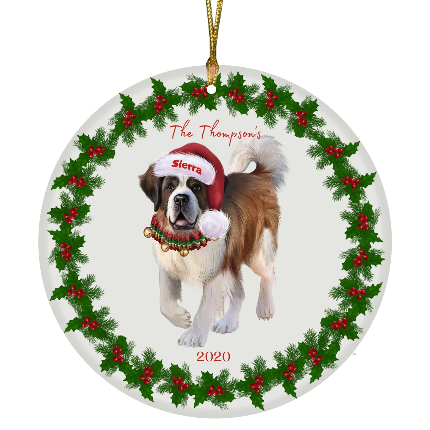 Personalized Holly Berry Trimming Saint Bernard Dog Ceramic Round Flat Christmas Tree Ornament RFPOR48365