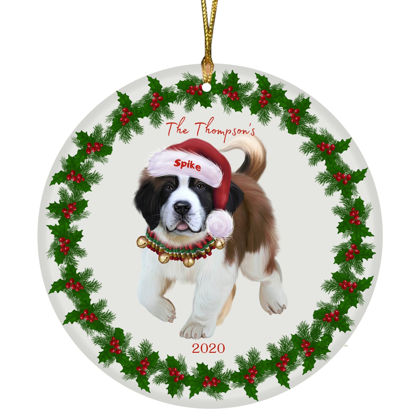 Personalized Holly Berry Trimming Saint Bernard Dog Ceramic Round Flat Christmas Tree Ornament RFPOR48366