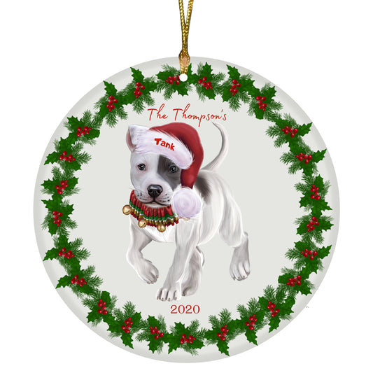 Personalized Holly Berry Trimming Staffordshire Bull Terrier Dog Ceramic Round Flat Christmas Tree Ornament RFPOR48368