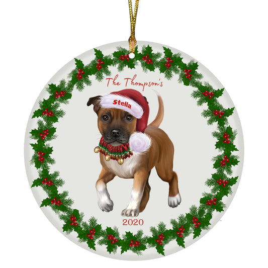 Personalized Holly Berry Trimming Staffordshire Bull Terrier Dog Ceramic Round Flat Christmas Tree Ornament RFPOR48369