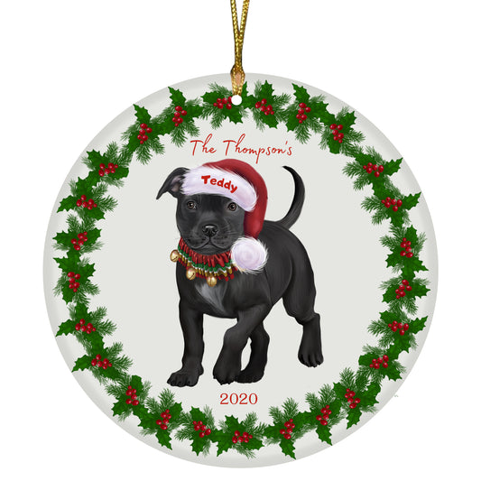 Personalized Holly Berry Trimming Staffordshire Bull Terrier Dog Ceramic Round Flat Christmas Tree Ornament RFPOR48370