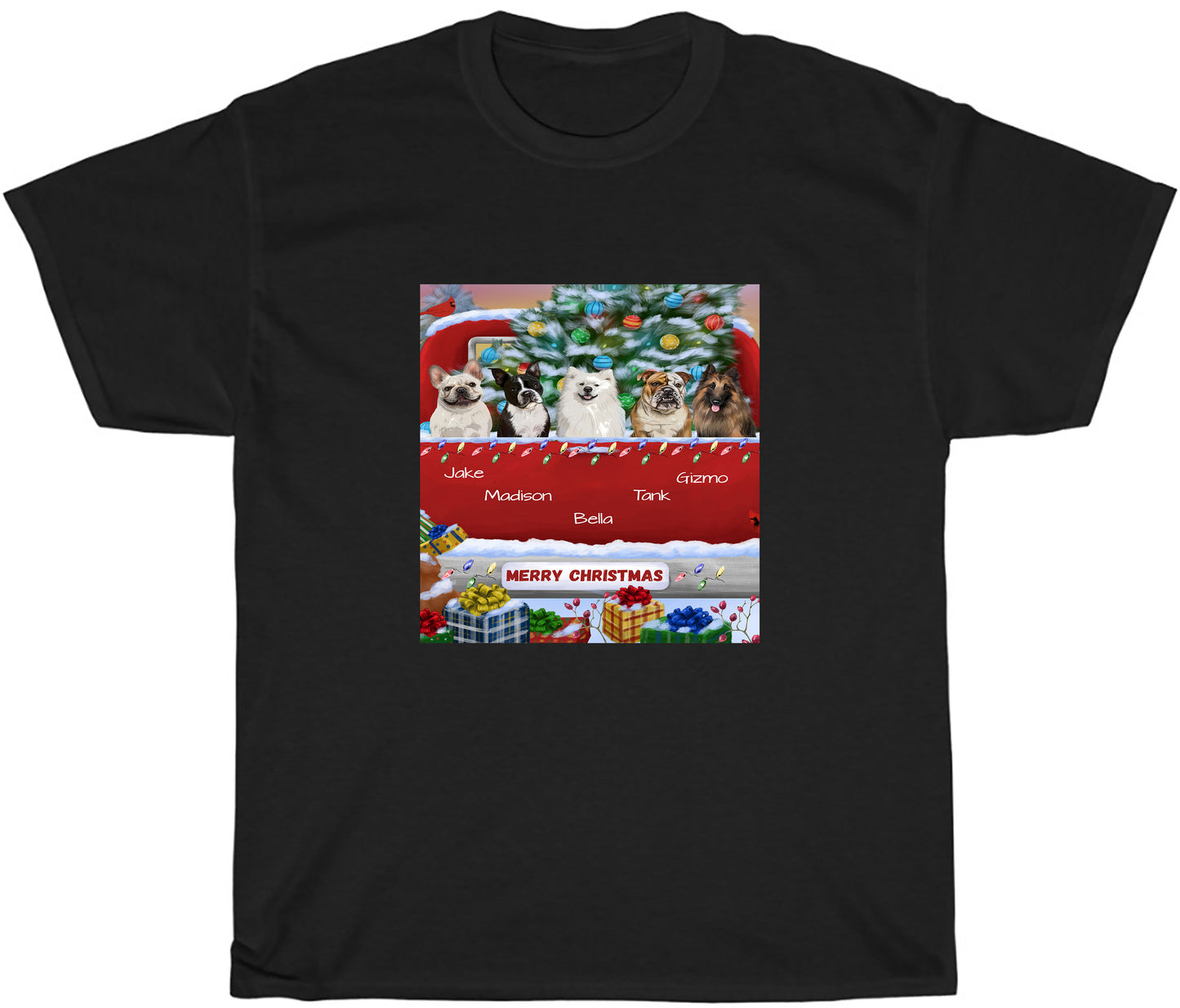 Personalized Merry Christmas Red Truck 1 Dog Cat Pets T-shirt 1 to 5 Pets