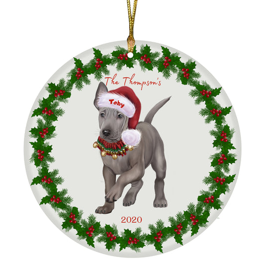 Personalized Holly Berry Trimming Thai Ridgeback Dog Ceramic Round Flat Christmas Tree Ornament RFPOR48374