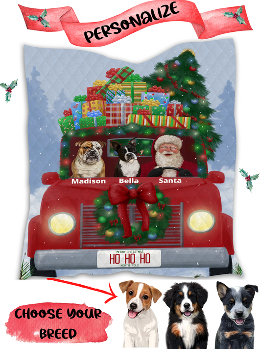 Personalized Merry Christmas Red Truck 2 Dog Cat Pets Quilt 1-5 Pets