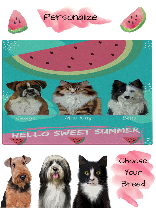 Personalized Hello Sweet Summer Watermelon Dog Cat Pets Cutting Board 1 to 10 Pets